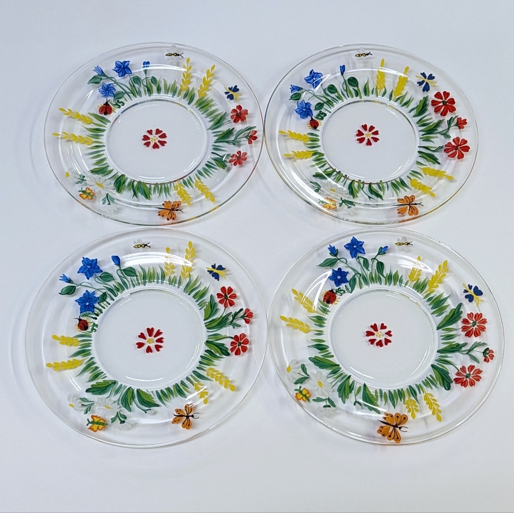 4 Hand Painted Floral Motif Glass Plates